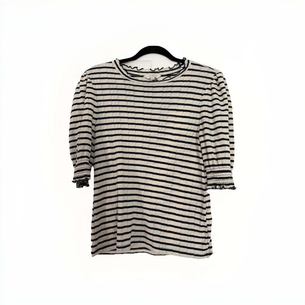 Lucky Brand Puff Sleeve Eyelet Knit Top Womens Striped Lettuce Trim Crew Neck XS